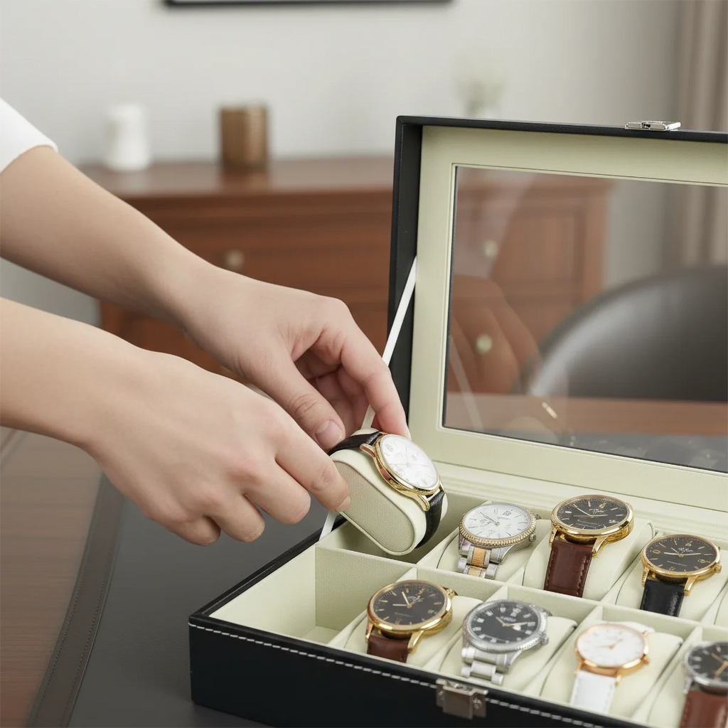 12-Slot Watch Box with Clear Window - Gray PU Leather Display Case with Soft Velvet Lining & Metal Clasp