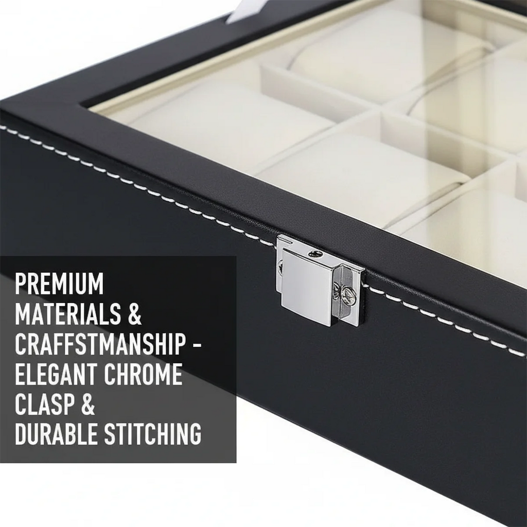12-Slot Watch Box with Clear Window - Gray PU Leather Display Case with Soft Velvet Lining & Metal Clasp