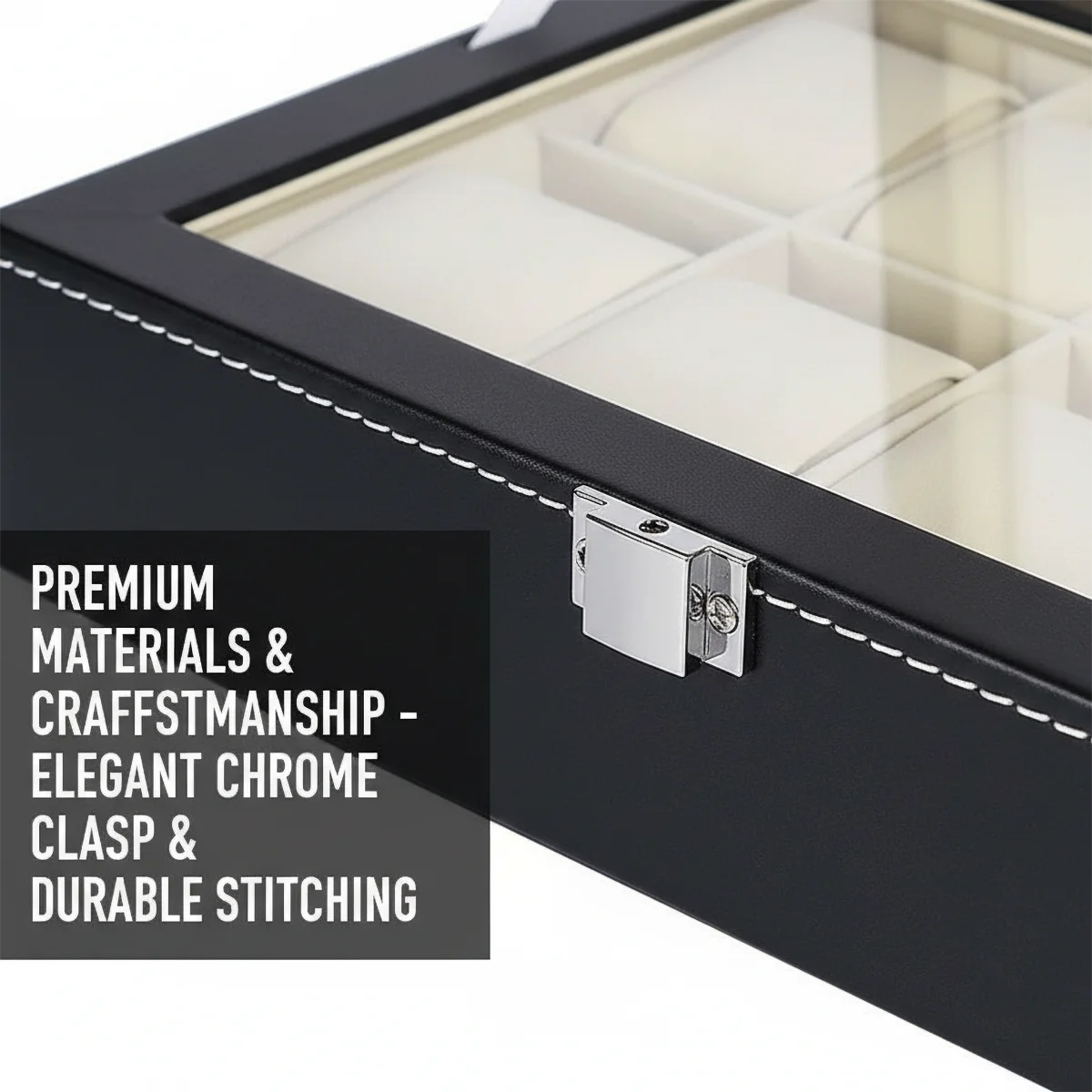 12-Slot Watch Box with Clear Window - Gray PU Leather Display Case with Soft Velvet Lining & Metal Clasp