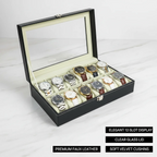 12-Slot Watch Box with Clear Window - Gray PU Leather Display Case with Soft Velvet Lining & Metal Clasp