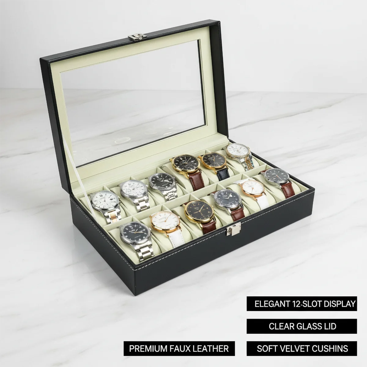 12-Slot Watch Box with Clear Window - Gray PU Leather Display Case with Soft Velvet Lining & Metal Clasp