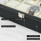 12-Slot Watch Box with Clear Window - Gray PU Leather Display Case with Soft Velvet Lining & Metal Clasp