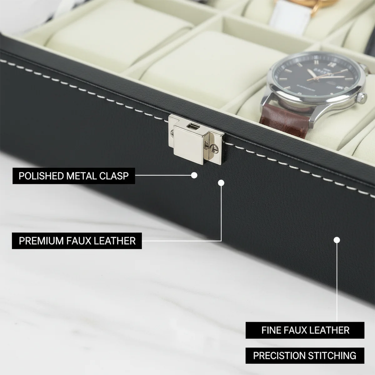 12-Slot Watch Box with Clear Window - Gray PU Leather Display Case with Soft Velvet Lining & Metal Clasp