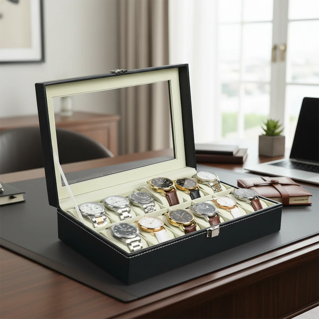 12-Slot Watch Box with Clear Window - Gray PU Leather Display Case with Soft Velvet Lining & Metal Clasp