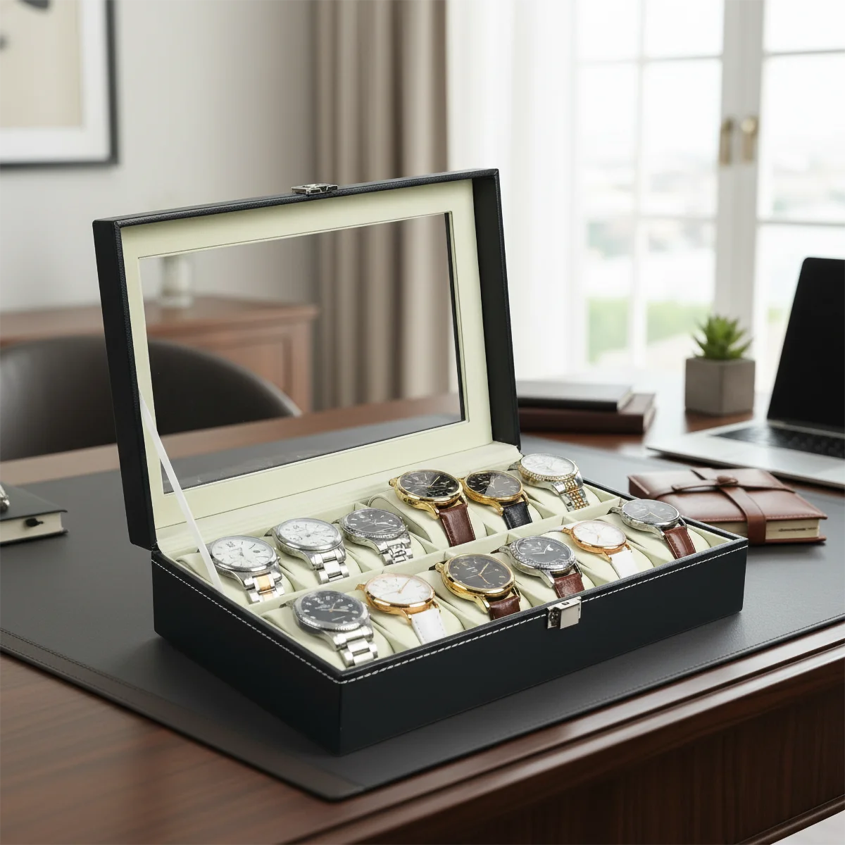 12-Slot Watch Box with Clear Window - Gray PU Leather Display Case with Soft Velvet Lining & Metal Clasp