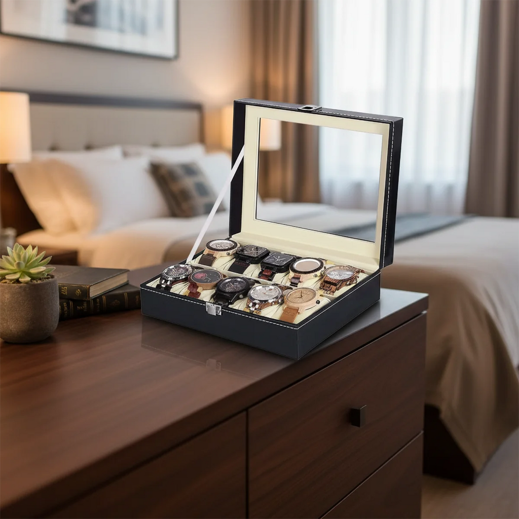 12-Slot Watch Box with Clear Window - Gray PU Leather Display Case with Soft Velvet Lining & Metal Clasp