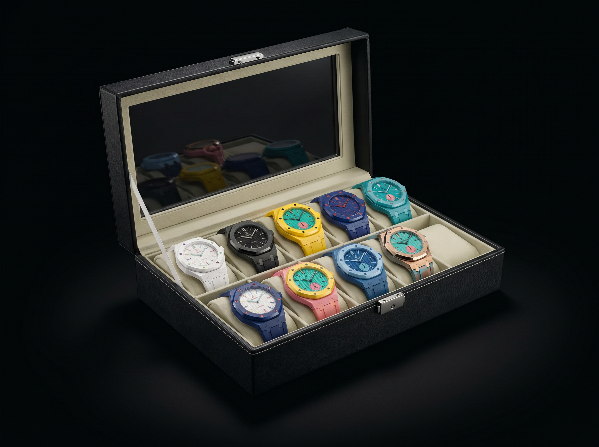 12-Slot Watch Box with Clear Window - Gray PU Leather Display Case with Soft Velvet Lining & Metal Clasp