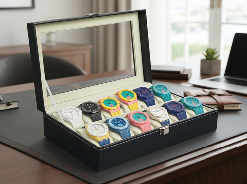 12-Slot Watch Box with Clear Window - Gray PU Leather Display Case with Soft Velvet Lining & Metal Clasp